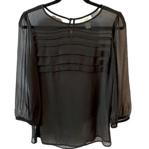 LOFT Black Sheer Top Front Layered Pleats Mid Sleeves size S